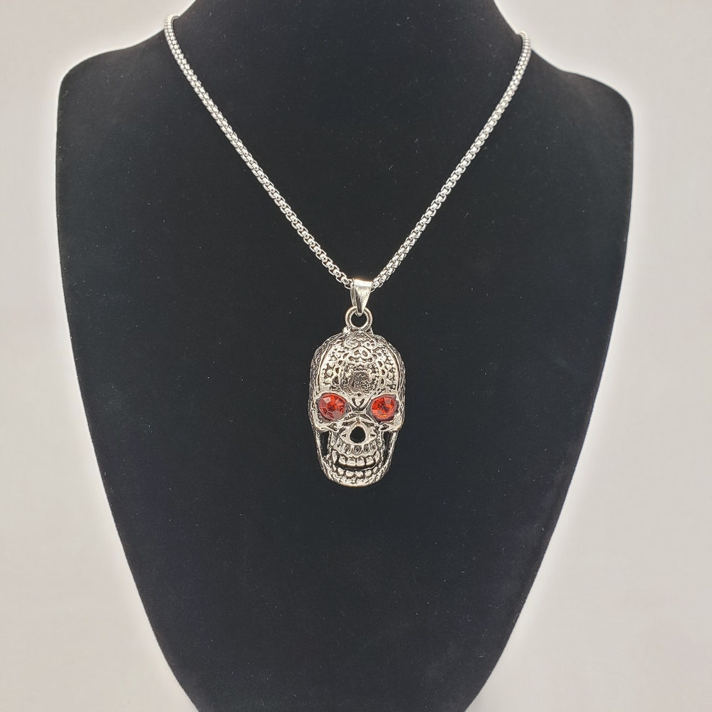 Silver Skull Pendant Necklace with Red Eye Accents Fashion Jewelry